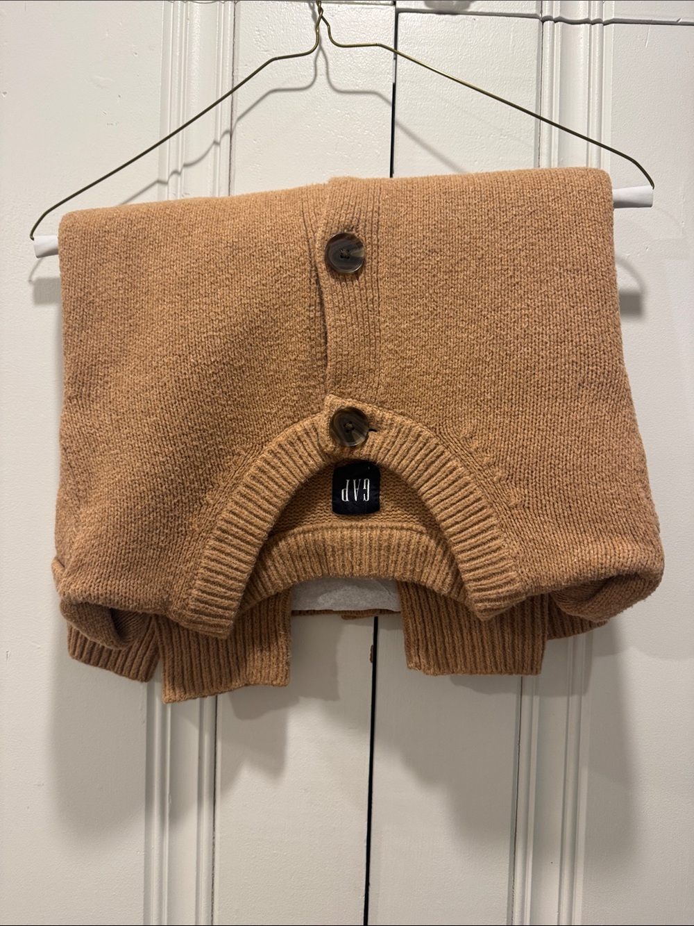 GAP Camel Button-Up Cashsoft Puff Sleeve Cardigan